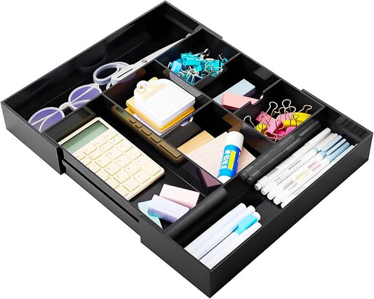 Briwooody Black Acrylic Drawer Organizer Expandable,8 Compartments,Large | 9'' up to 18'' x 12'' x 2.1'' Desk Drawer Organizer Trays Adjustable with Desk Accessories for Makeup Office Bathroom by Briwooody