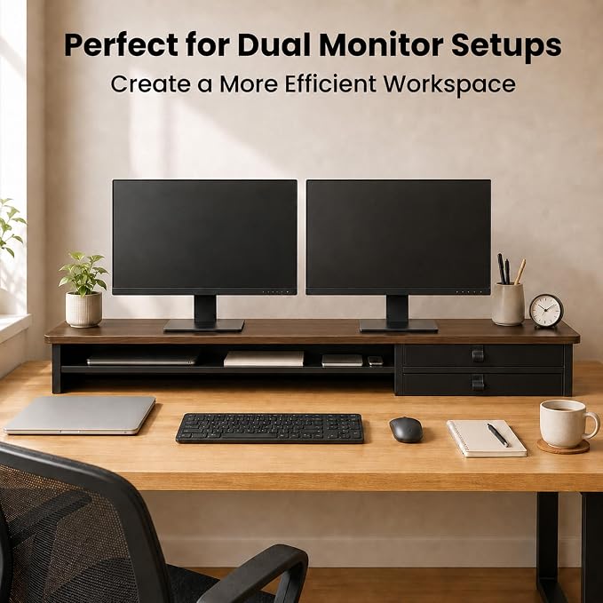 Dual Monitor Stand, 42.5 Inch Wood Monitor Riser with Drawers, 2 Tier Desktop Organizer for Computer Laptop TV, Large Screen Stand for Home Office Desk - Image 5