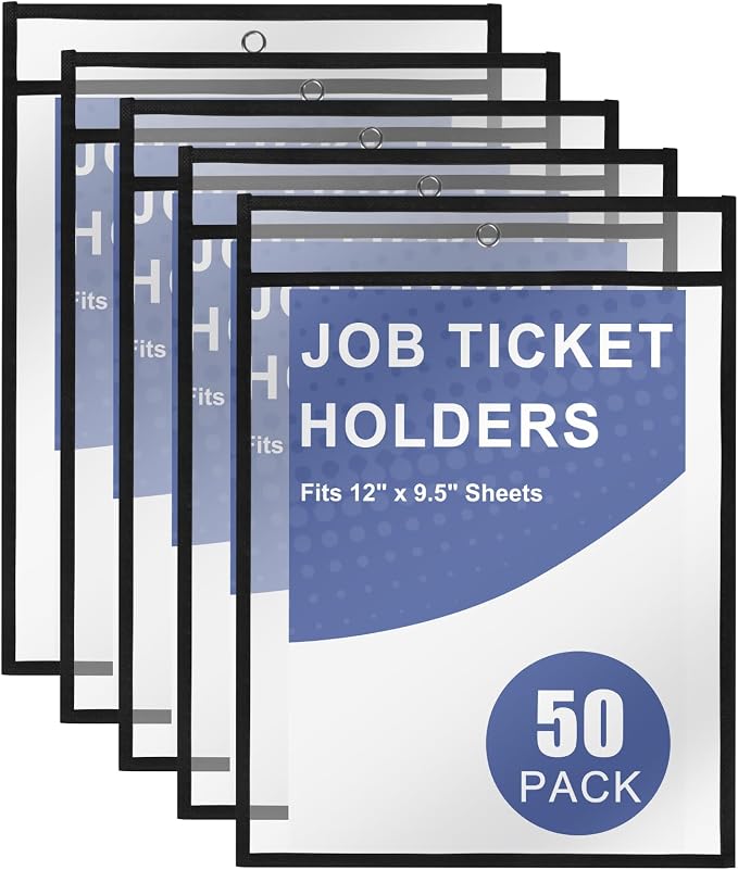 Heavy Duty Dry Erase Pockets 9x12, Job Ticket Holders 50 Pack Plastic Paper Sleeves Sheet Protectors 8.5 x 11 Clear Document Sleeves for Shop Office Classroom Home, Black by Viehatta