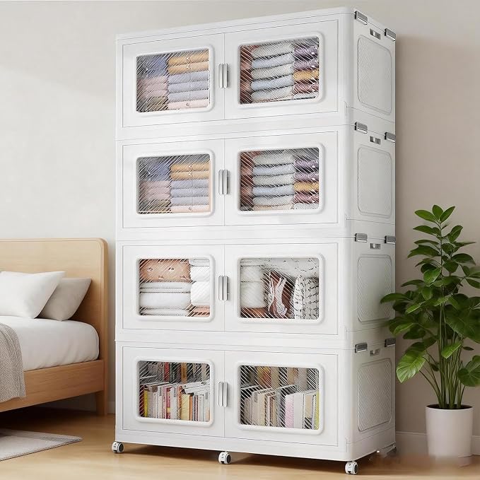 BROVIEW 1200 Qt/300 Gal Stackable Storage Bins with Lids, 4 Pack, White | Large Stackable Storage Boxes w/ 1 Lid Folding Plastic Cart Organizer for Home Kitchen, Open Front Clear Door with Wheels by BROVIEW-EnjoytheArtofLife