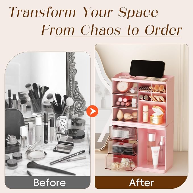 Small Makeup Organizer with Drawers, Stackable Bathroom Couneter Organizer with Phone Holder, Versatile Vanity Organizer Countertop, Cosmetic Organizer for Makeup Brush, Skin Care, Lotion -Pink,2Pack - Image 3