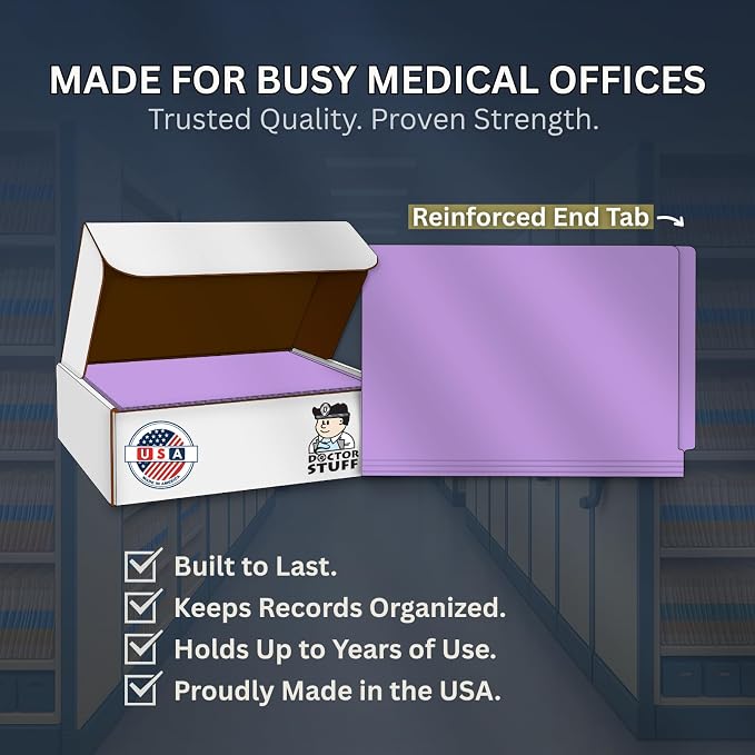 Lavender File Folders, Doctor Stuff, Legal Size Reinforced End Tab Folder with 2" Bonded Fastener on Inside Front and Back, 14 pt Stock, Carton of 250 - Image 8