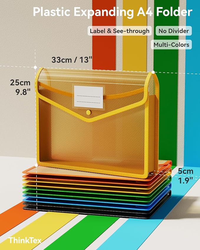 ThinkTex Plastic Expanding File Folder, Transparent Envelopes with Snap | No Dividers, Large Capacity, Assorted Colors, Fits Letter / A4 Size - 5 Pack - Image 2