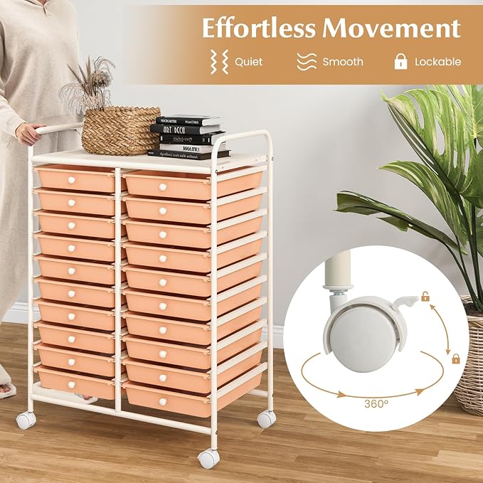 GOFLAME 20-Drawer Rolling Storage Cart, Multifunctional Art Craft Organizer Cart, Mobile Utility Storage Cart with Removable Drawers & Lockable Wheels, Craft Cart for Home Office, Peach Fuzz - Image 5