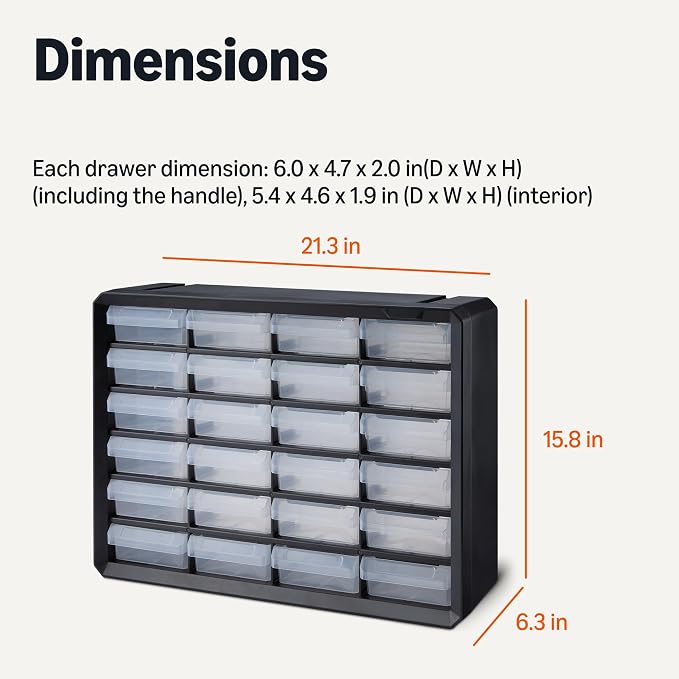 Amazon Basics 24-Drawer Plastic Storage Organizer with Dividers for Office/Craft/Tools, Wall Mountable, Sturdy, 6.3 x 21.3 x 15.8 inch, Black - Image 2