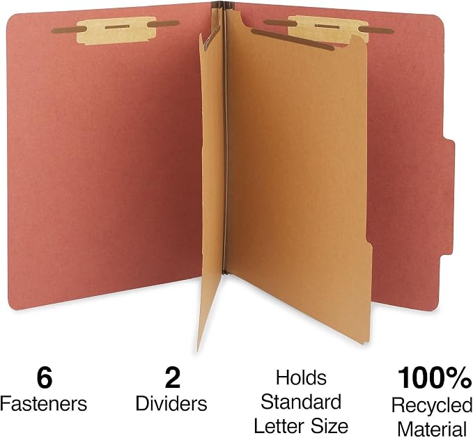 Staples 100% Recycled Pressboard Classification Folders, Letter Size, 2‑Dividers, 2.5" Expansion, Brick Red – 40/Carton - Image 2