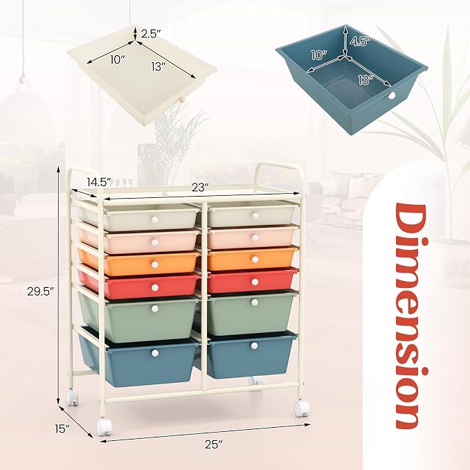 GOFLAME 12-Drawer Rolling Storage Cart, Multipurpose Organizer with 2 Sizes Plastic Drawers, Mobile Utility Cart with Lockable Casters for Home, Office, Beauty Salon, School, Macaron Color - Image 3