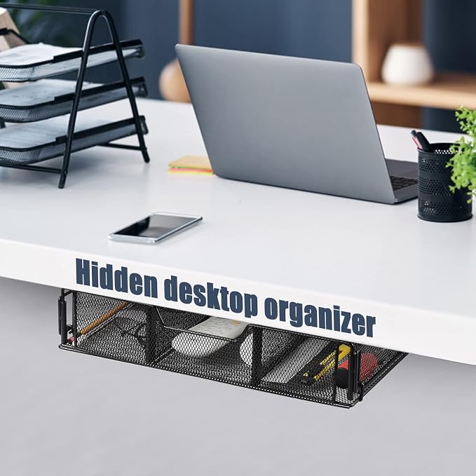 Under Desk Drawer, Hanging Storage Organizer Slide Out, Black Metal Under Desk Storage Hanging Storage Organizer, Attachable Pen Holder Desk Hidden Drawer for Office Home School Accessories(Black) - Image 3