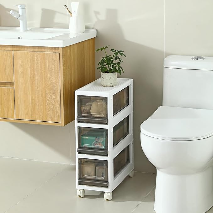 Plastic 3 Drawer Storage Organizer, Narrow Plastic Storage Drawers with Wheels, Storage Cart with Drawers for Small and Narrow Space, 7.87-inch Wide (gray) by SunamonOfficial