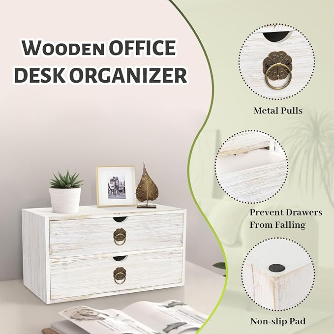 Wood Desk Organizer, White Wooden Desktop Organizer with Drawer, Tabletop Storage Organization Box for Countertop, Home Office Supplies, Bills (2 Drawer) - Image 5