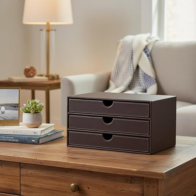 UnionBasic Leather Desktop Drawer Organizer, File Cabinet Magazine Document Holder, Office Supplies Desk Storage Organizer Box, 3 Drawer, Coffee - Image 5