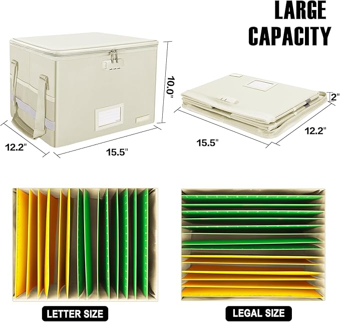 ENGPOW File Box with Lock, Fireproof Document Box with Zipper Lid, Collapsible File Storage Organizer Filing Cabinet with Handles, Portable Home Office Safe for Hanging Letter/Legal Folders, Beige - Image 4
