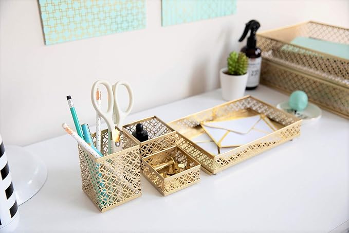 BLU MONACO | Gold Desk Organizer Set for Women 6 Piece | Mail Sorter Organizer Countertop with Letter Sorter for Desk | Steel Desktop Organizer with Mesh Pen Holders - Image 5