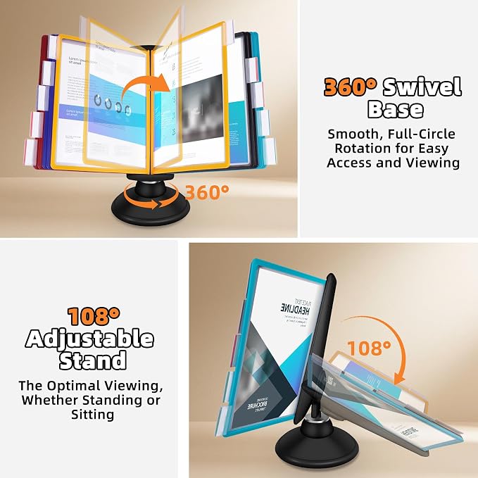 10-Pocket Desktop Reference & Display System with 360° Adjustable Base, Fast Flip & Find Desk Reference Organizer, A4/Letter Size 10 Double-Sided Panels with 5-Color Borders & Index Tabs, Black - Image 3