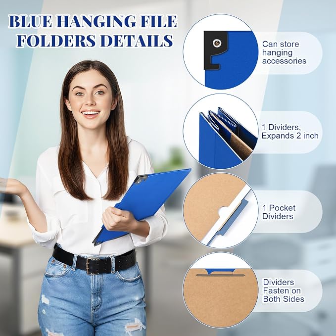 Henoyso 15 Pcs Hanging Classification Folders,1 Pocket Divider,Dark Blue | Letter Size, Hanging File Folders with 1 Pockets, 2" Expansion, 4 Prong Fasteners, 1/3 Tab Cut, 4 Sections, Pressboard Manila - Image 3