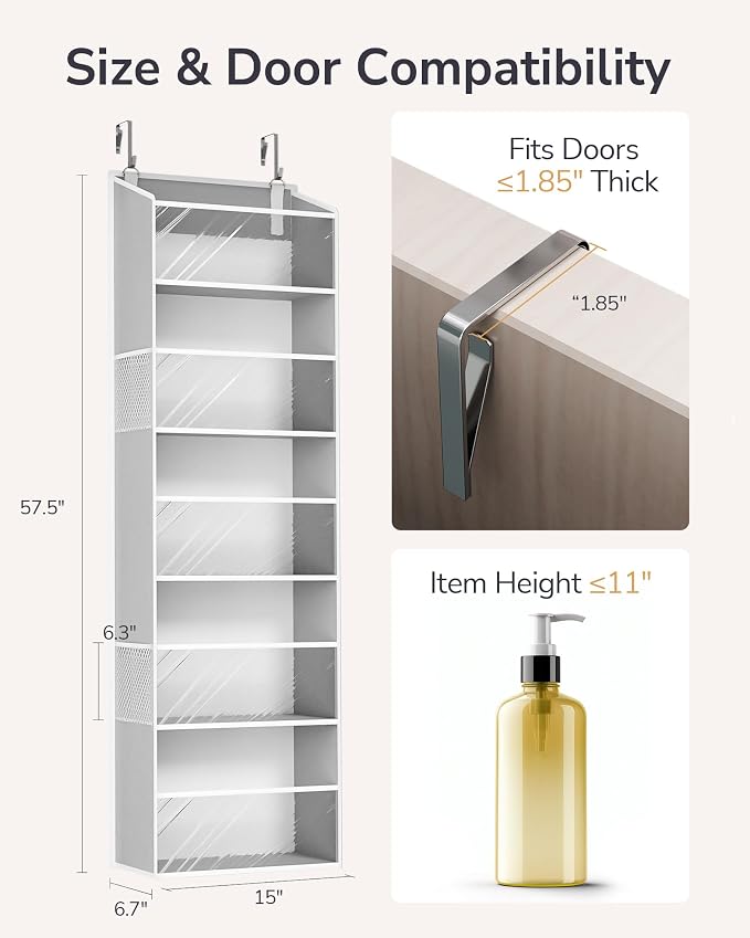 ULG Clear Over The Door Organizer 5-Tier Hanging Storage with 4 Side Pockets,Back of Door Organizer for Pantry, Bathroom, Nursery, Light Grey - Image 2