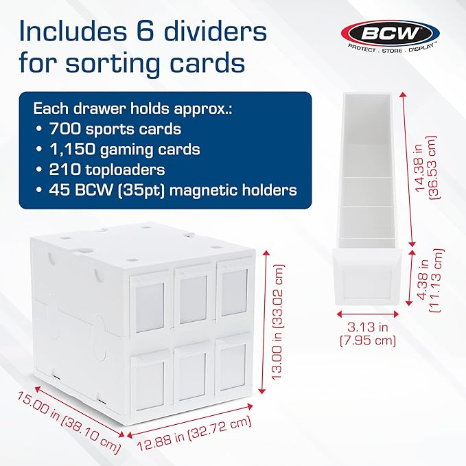 BCW 6 Drawer Card Catalog – White | Stackable Trading Card Organizer Box | Holds Sports Cards, Gaming Cards, Toploaders & Magnetics | Heavy-Duty Plastic Storage with Dividers - Image 3