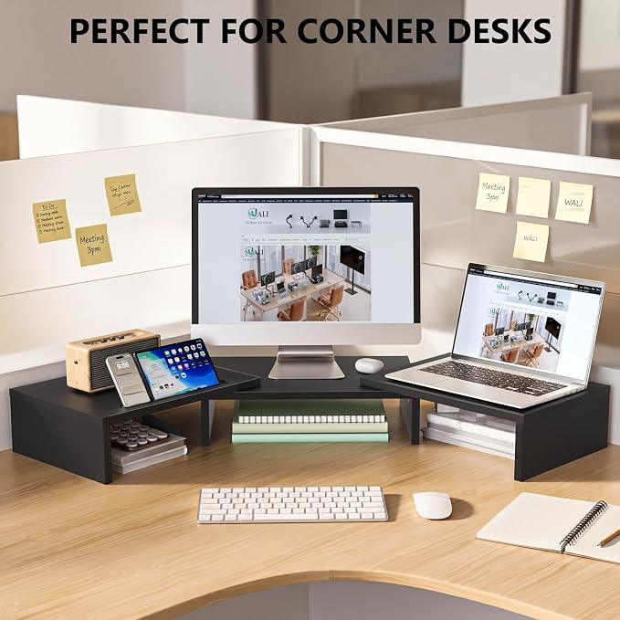 WALI Extra Long Wooden Dual Monitor Stand Riser with 2 Slots, up to 22lbs | Underneath Storage, Adjustable Length & Angle, Multi-Purpose Desktop Organizer Desk Shelf for Home Office PC, Laptop, Printer - Image 6