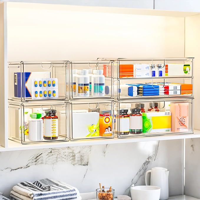 6-Pack Acrylic Stackable Storage Drawers for Vanity, Desk, Bath | 2 large & wide 13" drawers, Smooth-glide, stackable, clear body, dustproof, wipe clean, for makeup, pantry jars, under sink - Image 5