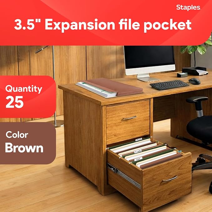Staples Reinforced File Pocket, 3.5" Expansion, Letter Size, Brown, 25/Box (ST418293) | Heavy-duty brown accordion files for bulky document organization. - Image 2