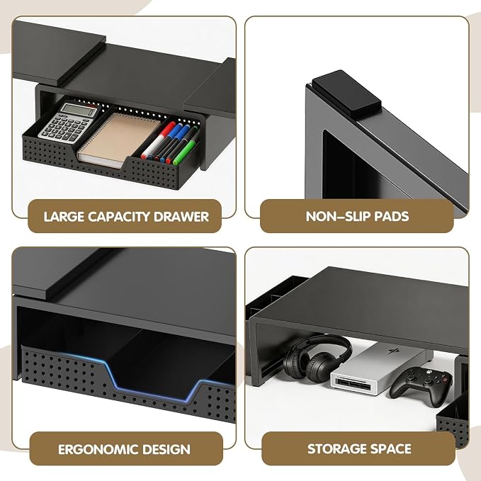 LEKETREE Dual Monitor Stand Riser with Drawer, Desk Organizer and Accessories, Monitor Stand for Desk, Desktop Stand for Computer, Laptop, TV and More (Black) - Image 6