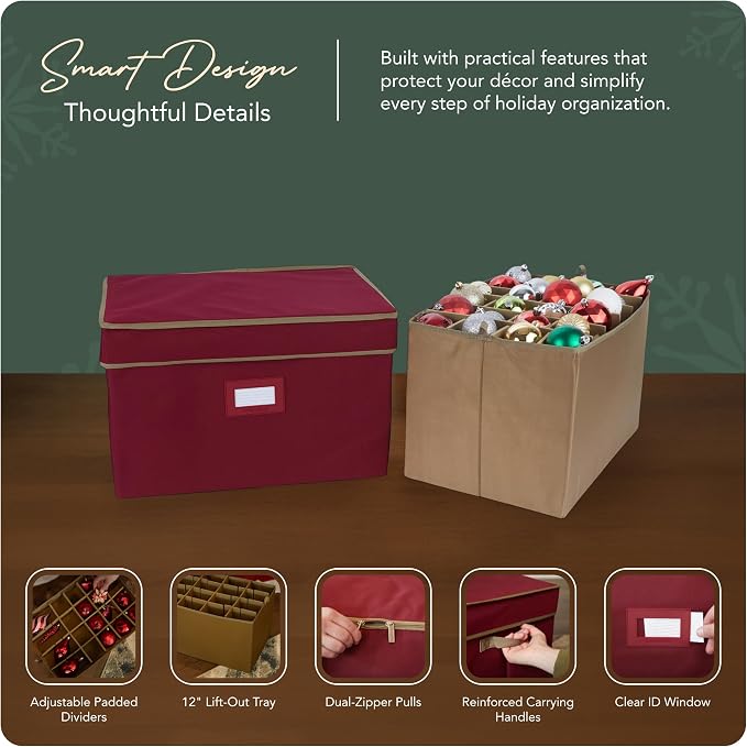Covermates Keepsakes Adjustable Ornament Storage Box – Heavy-Duty Polyester, Padded Dividers & FlexGrid Trays – Protective Holiday Organizer with Stackable Walls & Label Window, Red - Image 4