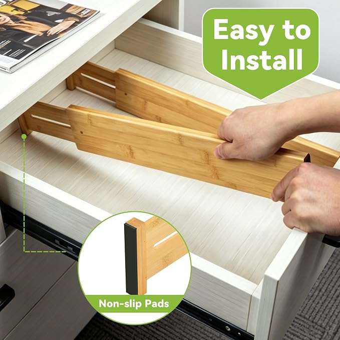 Utoplike Kitchen Drawer Divider, Expandable Bamboo Drawers Organizer 3.2" H | Large Adjustable Spring-Loaded Separators for Spatulas, Utensils, Bedroom & Home Storage, 4pcs, Fit 18"-20.6" Inner Drawer - Image 5