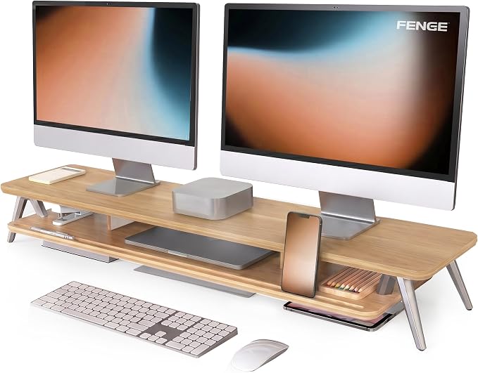 Fenge Dual Monitor Stand Riser, Wooden Desk Shelf with 2-Tier Storage | 42.5-Inch Wide, Sturdy Aluminum Legs, Built-In Phone & Tablet Slot, Desktop Organizer for Office Accessories by Fenge