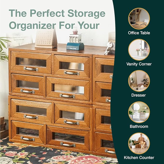 Stackable Modular Tiered Set of 4 Store and Display Wooden Desktop Organizing Cabinets - 16 Drawer Wood Display Chest with 4 See-through Slots - 16-Drawer Storage for Table, Dresser or Countertop - Image 6