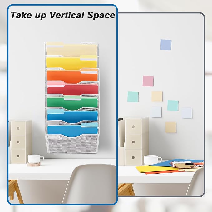8 Pocket Mesh Hanging Wall File Organizer, Wall Mounted Mail Paper Document Folder Holder, Clipboard Storage Organization Magazine Rack with Nametag Label for Office Home School, White - Image 4