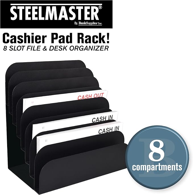 BankSupplies STEELMASTER Steel Cashier Pad Rack - 8 Slot File & Desk Organizer - Paper Organizer - Black Powder Coat Finish - Scratch & Chip-Resistant - Forms, Applications, Deposit Slips & Checks - Image 2