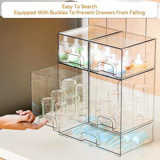 5 Set Clear Stackable Storage Drawers and Acrylic Drawer Organizer,BPA Free Baby Bottle Organizer for Countertop and Bottle Station Organizer for Breast Pump Parts,Pacifier and Baby Accessories - Image 4