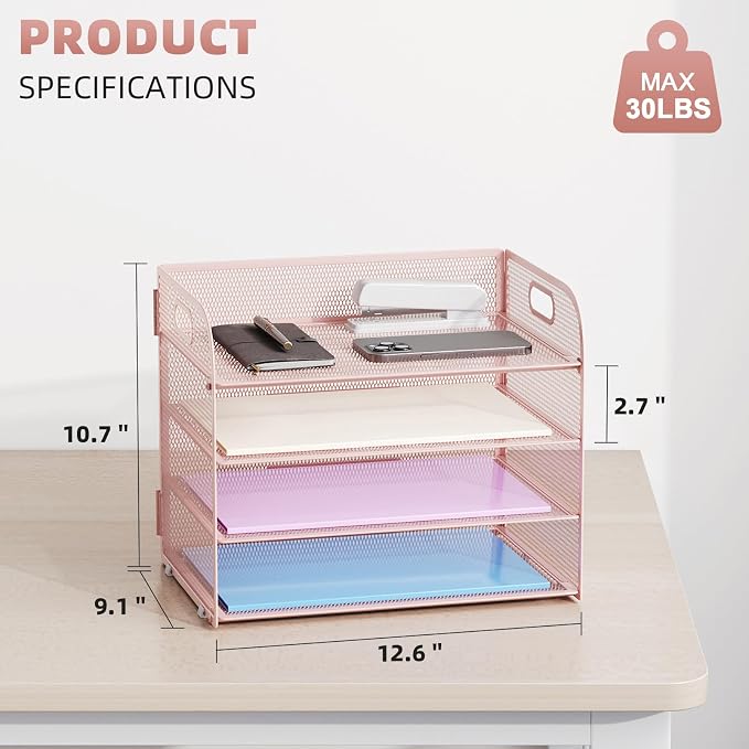 Marbrasse 4 Tier Paper Organizer Letter Tray - Mesh Desk File Organizer with Handle, Paper Sorter Organizer for Letter/A4 Office File Folder Holder (Pink, 12.6" x 9.1" x 10.7") - Image 3