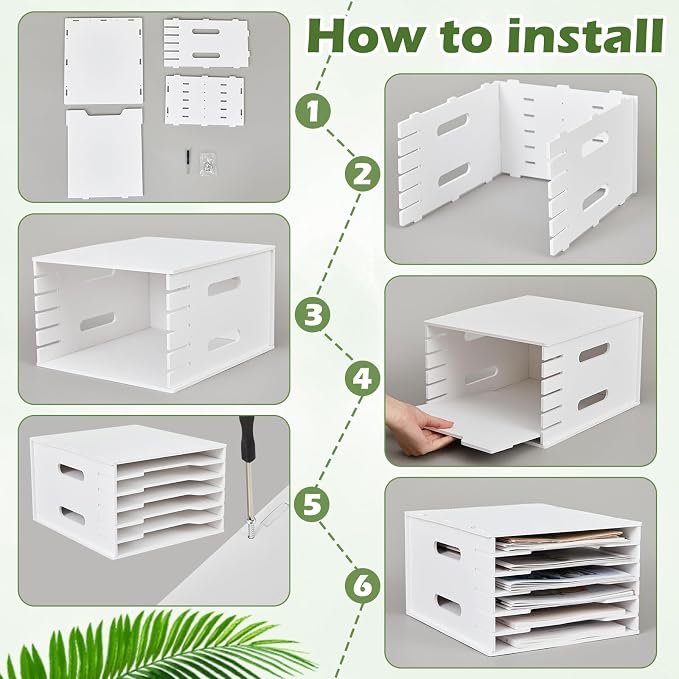 6 Tier 8.5" x 11" Scrapbook Paper Organizer, White Cardstock File Organizer with Adjustable Shelves, Stackable Paper Trays, Desktop Storage Rack Document Holder for Desk Home Office - Image 3
