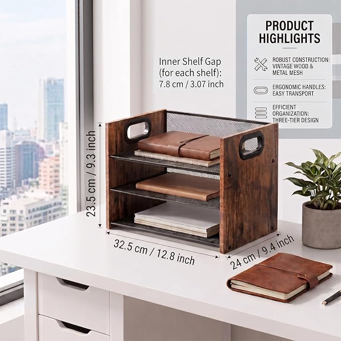 Desk Organizer - 3 Tier Wood & Metal Mesh Desktop Organizer for Office, Home, School, Workspace, Office Desk Organzier for Papers, Mail, Notebooks, Stationery - Image 3