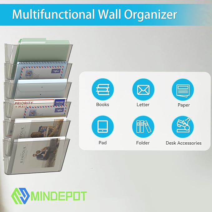 MINDEPOT 6 Pockets Acrylic Wall File Organizer, Clear Wall File Holder, Plastic Hanging Wall File Holder for Office, School and Home, Smoky - Image 7