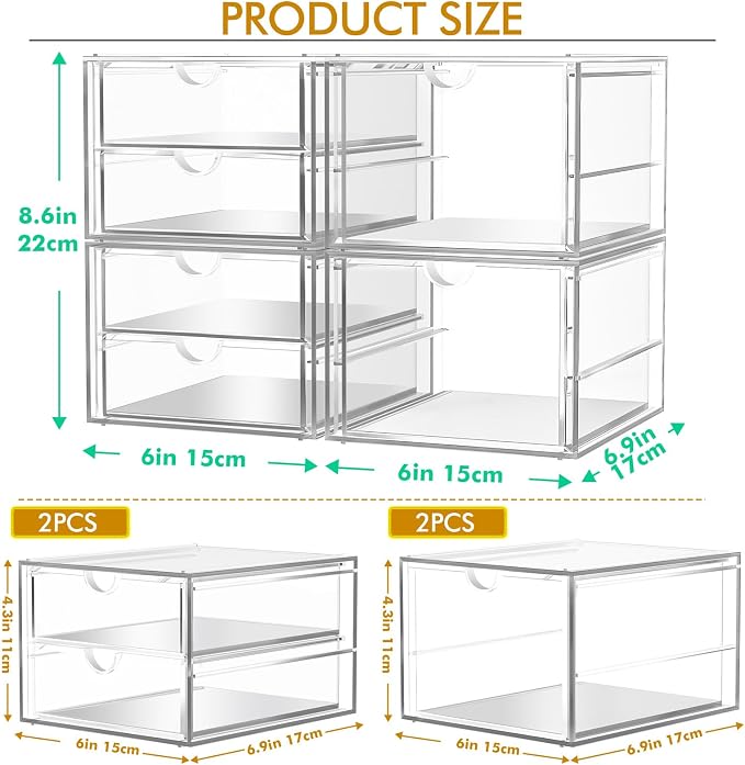 4-Pack Acrylic 6-Drawer Office & Makeup Storage Organizer,Desk | Smooth-glide drawers, clear body, dustproof, wipe clean, for stationery, lipsticks, blush palettes, hair clips, sticky notes - Image 3