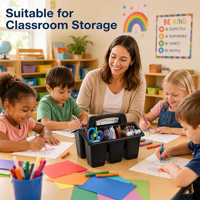 gisgfim 8 Pack Classroom Caddy Storage Basket with Handle 4 Compartment Storage Caddy Plastic Arts Crafts Caddies Protable Classroom Craft Caddies for Kids Schools Art Craft Supplies(Black) - Image 5