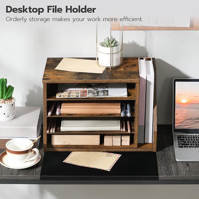 HOOBRO Mail Sorter, Literature Organizer with Adjustable Shelves, Paper Organizer for Office, Home, Wood Countertop File Holders, Mails, Magazines, Rustic Brown FG41WF01 - Image 2