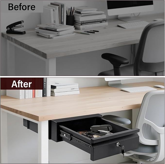 Under Desk Drawer 15.7" x 11.8" x 4.3" with Lock & Keys | Privacy Protection, Fits Framed & Unframed Desk, Smooth Slide Rail , Storage Organizer for Workbench, Office, Home - Image 7