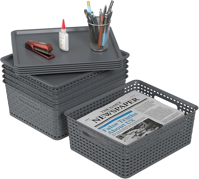 Zopnny Stackable Baskets with Lids, 6-Pack Storage Containers Bin | Plastic Shelf Organizer Bins, Baskets for Organizing Shelves Drawers Desktop Closet Playroom Classroom, Nested Stack, Grey - Image 6