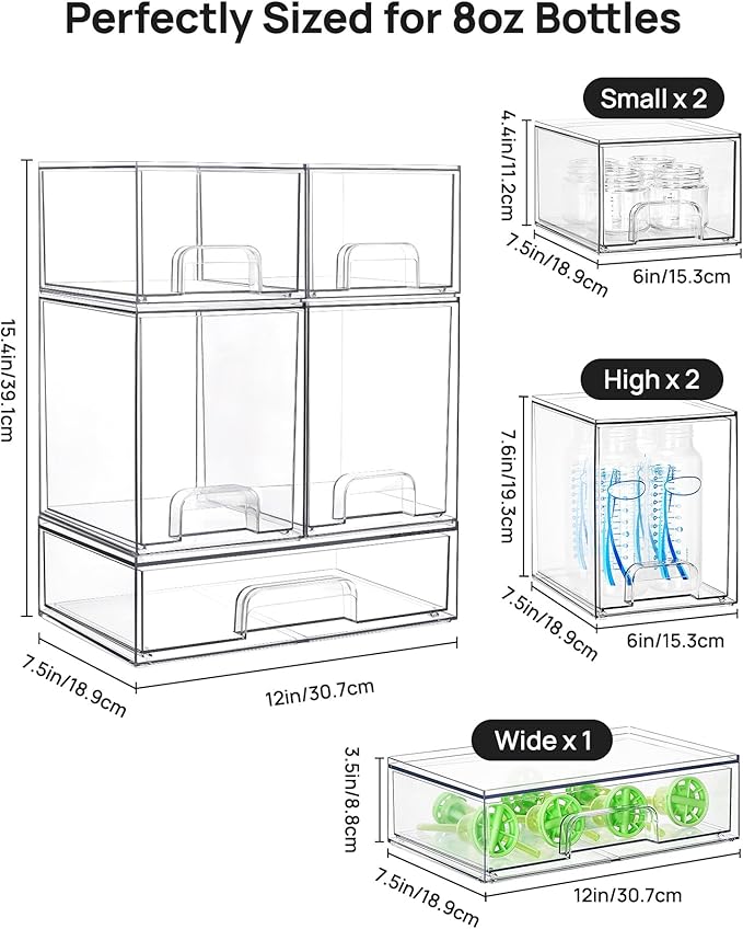 Vtopmart Stackable Storage Drawers Set of 5, Clear Plastic Organizer Bins for Baby Bottle, Beauty Supplies Storage, Ideal for Kichen Countertop, Vanity, Bathroom, Cabinet, Pantry Organization - Image 3