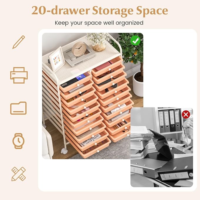 GOFLAME 20-Drawer Rolling Storage Cart, Multifunctional Art Craft Organizer Cart, Mobile Utility Storage Cart with Removable Drawers & Lockable Wheels, Craft Cart for Home Office, Peach Fuzz - Image 4