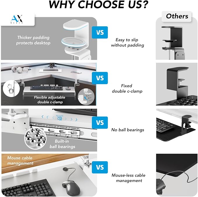 Keyboard Tray Under Desk Pull Out with Extra Sturdy C Clamp Mount System, 27.3 (32.5 inch Including Clamps) x 11 Inch Slide-Out Platform Computer Drawer for Typing White AX01WW01 - Image 2