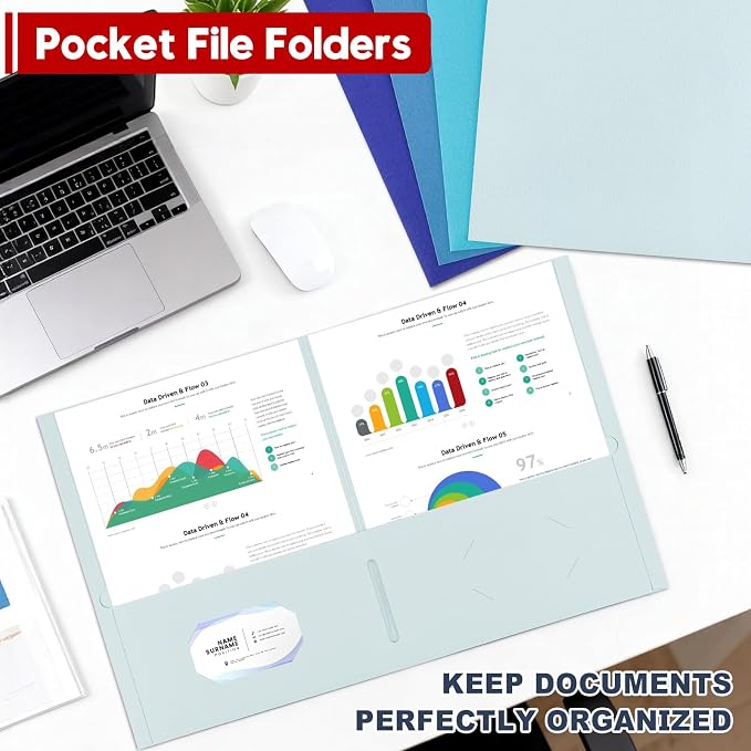 100 Pack 2 Pocket Folders, Letter Size 8.5" x 11" Folders with Business Card Slot, Durable Paper Bulk File Folders for Office, School, Presentation Home and Business Use, Blue Assorted - Image 6