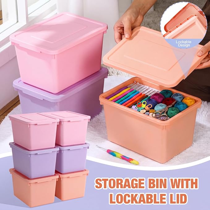 Potchen 6 Pack Small Stackable Storage Bins with Lids Plastic Storage Boxes for Classroom 9.8" ×7.3" ×5.7" Decorative Organizer Bins for Craft Art Office Teacher Supplies (Pink,Purple,Orange) - Image 3