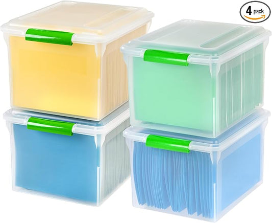IRIS USA 4-Pack 35 Qt. File Box Organizer with Lid, Clear | Store documents and supplies with a secure closure, easy access, and organized storage for home or office use by IRISUSA