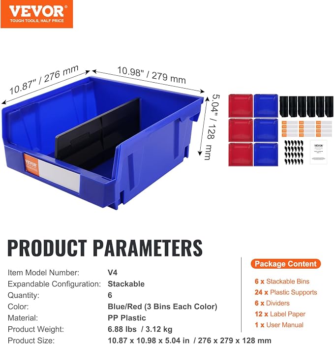 VEVOR Plastic Storage Bins 6 Pack (11 x 11 x 5-Inch), Hanging Stackable Storage Organizer Bins, Heavy Duty Stacking Containers for Closet, Garage, Office, Home, Pantry or Small Parts Organization - Image 7