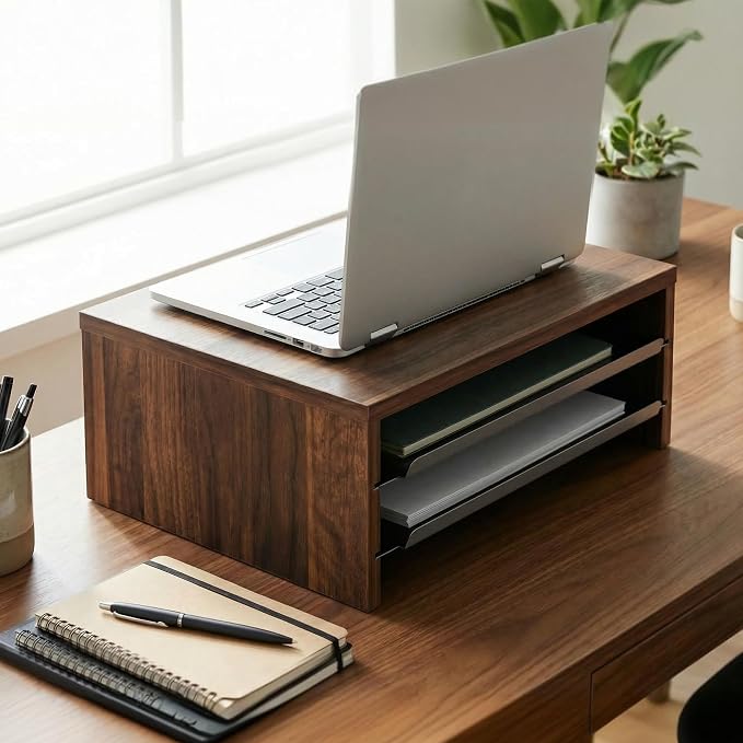 Fenge 14.3-Inch Monitor Stand with Slide-Out Trays, Wood & Metal Desk Shelf | 3-Tier Space-Saving Desk Storage Organizer, Fits Computer, Laptop, Printer and Telephone - Image 2