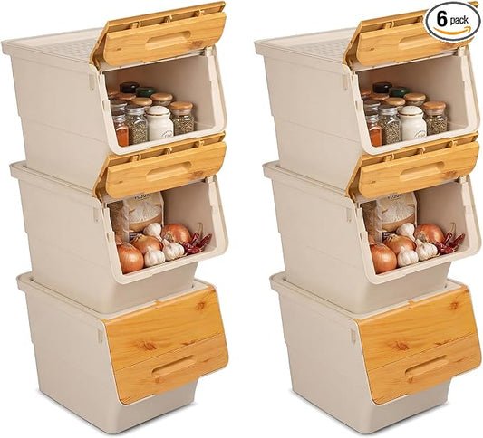 GIANTEX 6 Pack Plastic Stackable Storage Bins with Lids & Wheels, 12.5 QT | Open Front Stacking Bins, Organizer Bins for Pantry, Kitchen, Laundry, Closet, Playroom, Bedroom Organization by Giantex